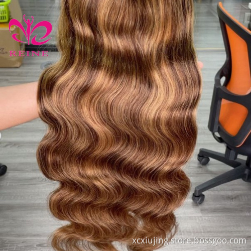 REINE Design Honey Blonde Highlight Wigs,Color 4/27 Highlight Lace Frontal Human Hair Full Lace Frontal Wigs,Brown Highlight Wig